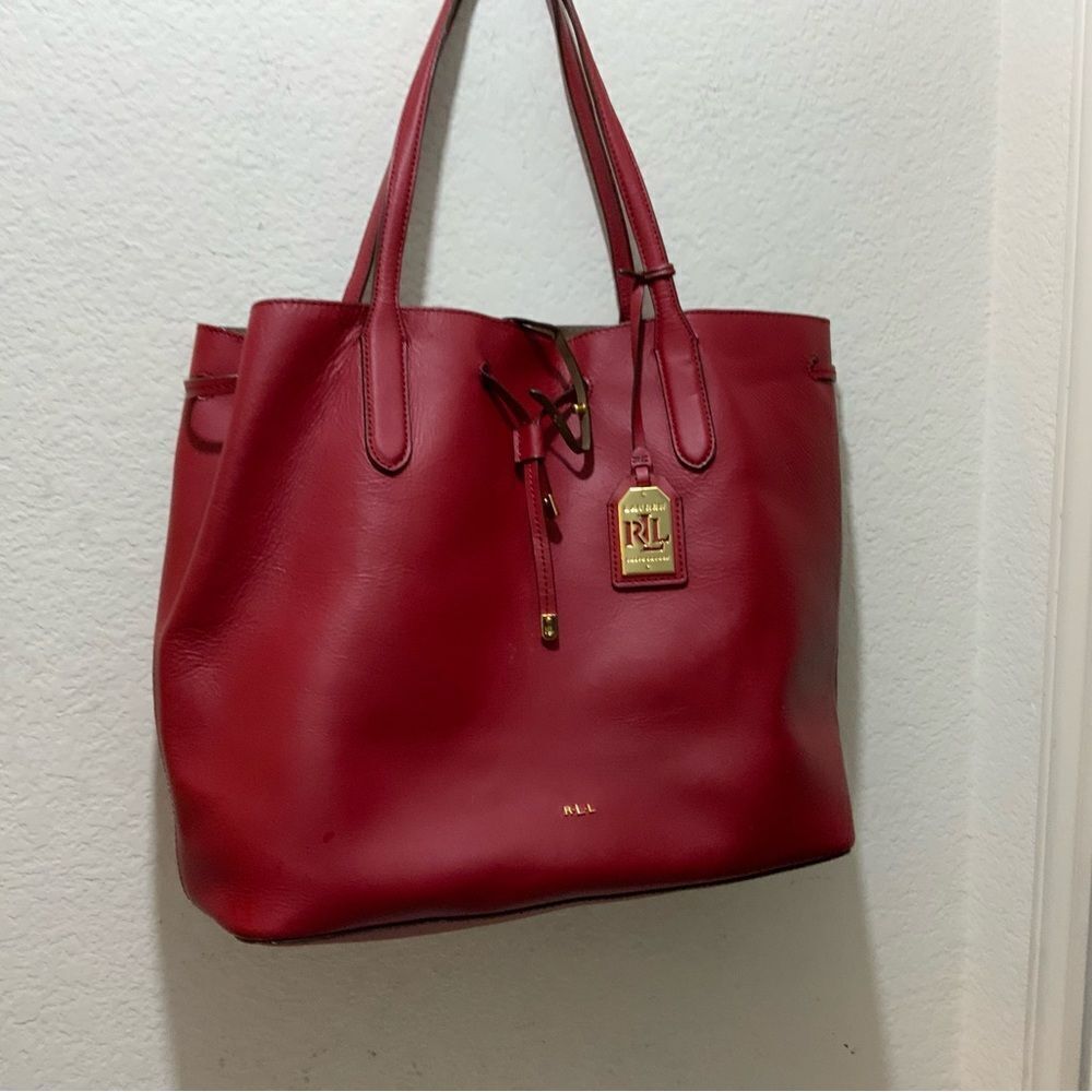 Ralph Lauren Red Leather Tote drawstring open top - Picture 5 of 11